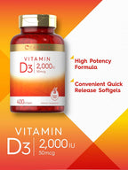 Carlyle Vitamina D3 2000 UI Cápsulas Blandas | 400 Unidades | No-GMO, Sin Gluten | 50 mcg | Suplemento de Vitamina D