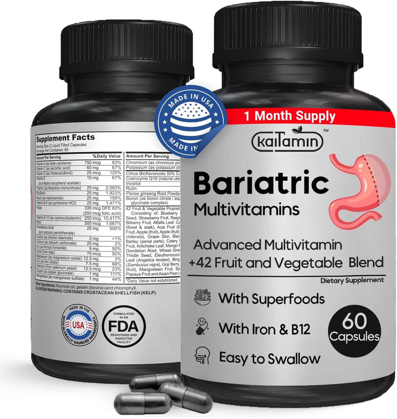 Kaitamin Multivitamínico Bariátrico con Hierro – 120 Cápsulas Líquidas (60 Días)