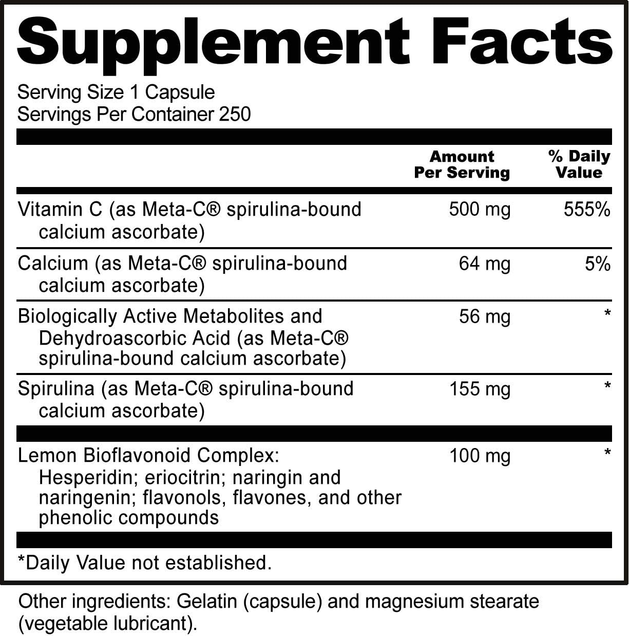 NutriBiotic Meta-C Cápsulas, 500 mg Vitamina C con Espirulina y Bioflavonoides, 250 Unidades