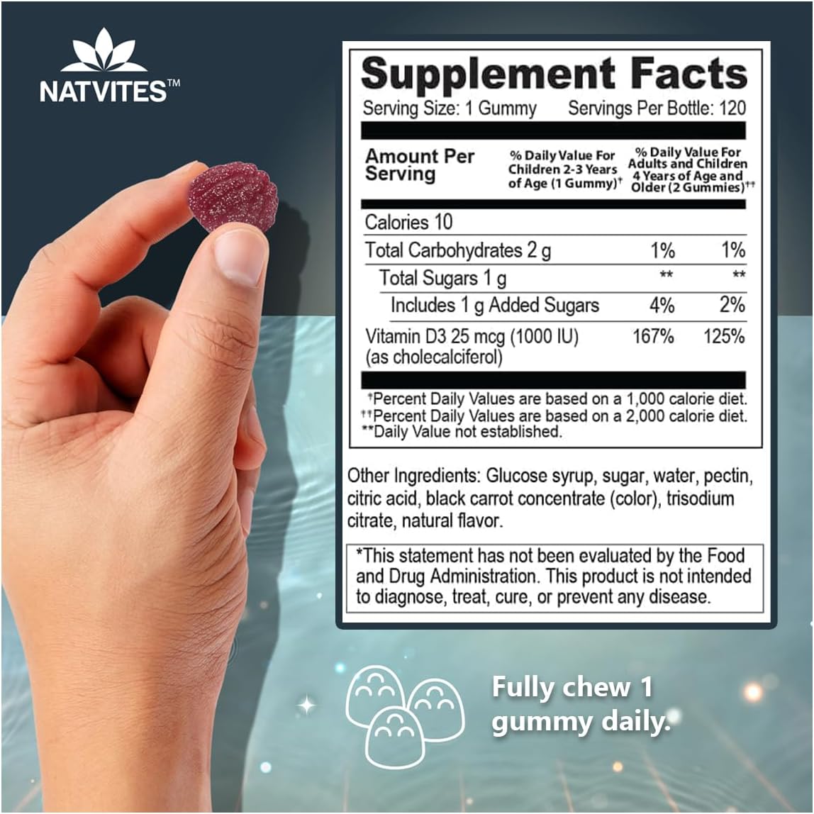 Vitamina D3 Gominolas para Niños - 1000 UI - Sabor Fresa - 120 Gominolas