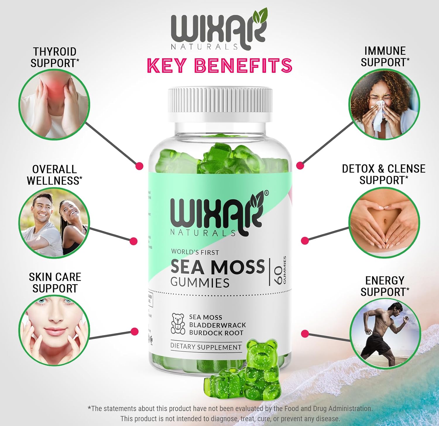 WIXAR NATURALS Gominolas de Musgo Marino con Irish Sea Moss, Bladderwrack y Bardana - 60 Gominolas Veganas
