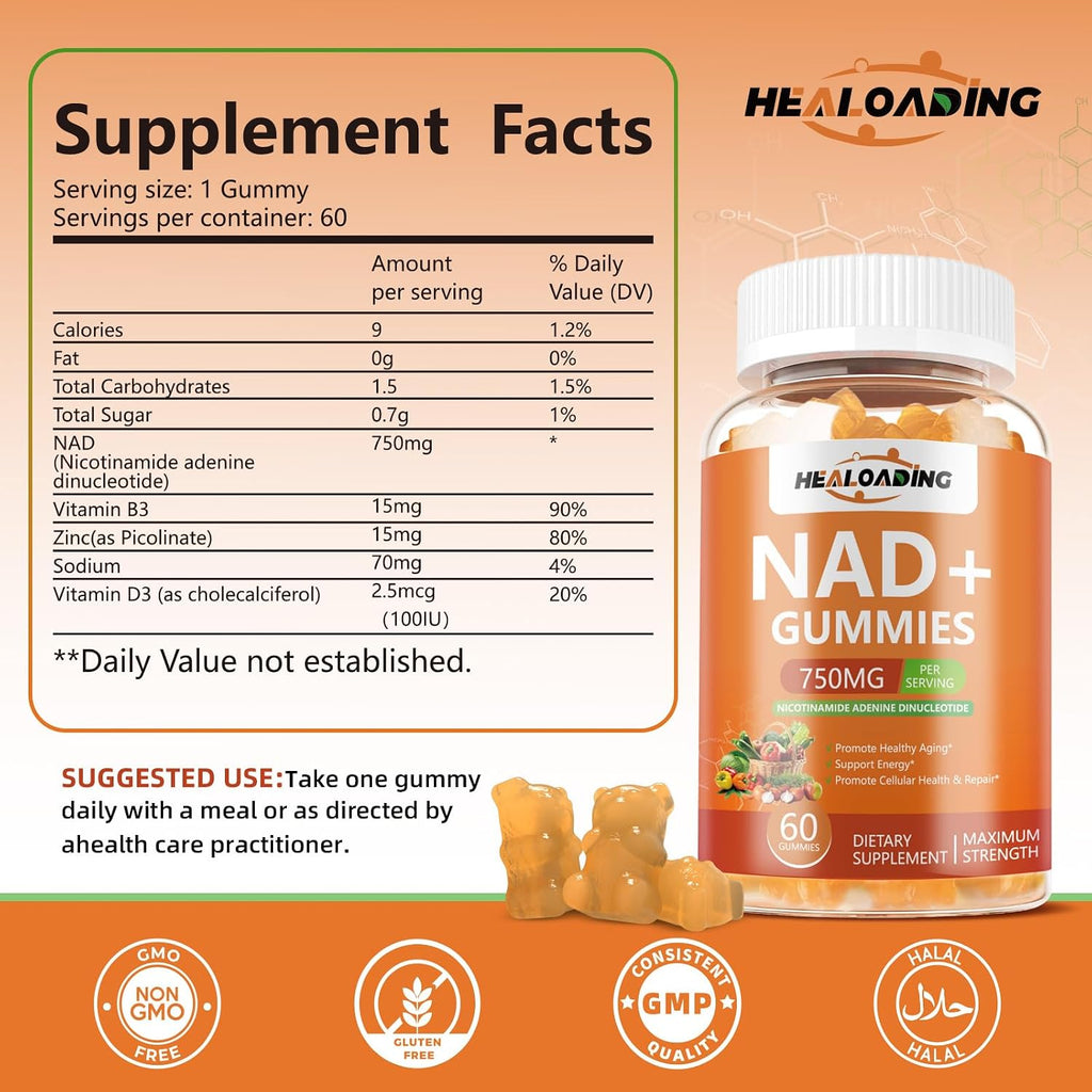 HEALOADING NAD+ Gummies con Resveratrol - 750mg de NAD+ por Dosis - 60 Gominolas