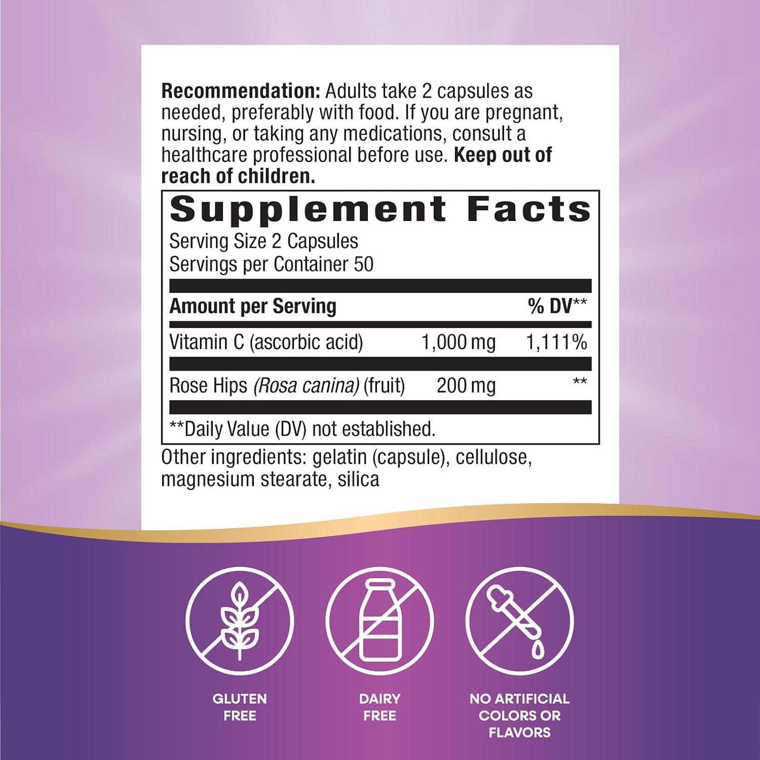 Nature's Way Vitamina C-500 con Rosa Mosqueta, 1000 mg por dosis, 100 Cápsulas