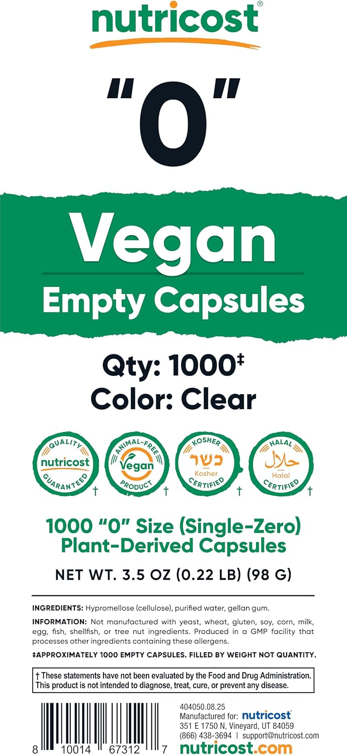 Nutricost Cápsulas Vacías Veganas Tamaño 0 – 1000 Unidades
