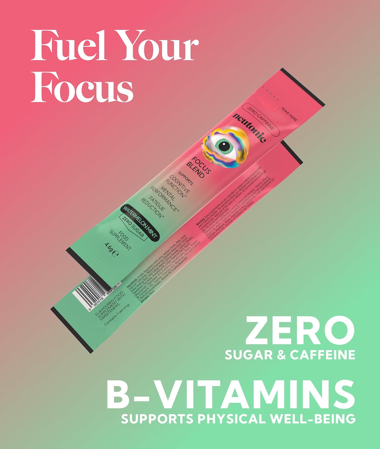 Neutonic Nootropic Focus Blend Powder - Sabor Menta Sandía, 16 sticks - Sin cafeína, Sin azúcar