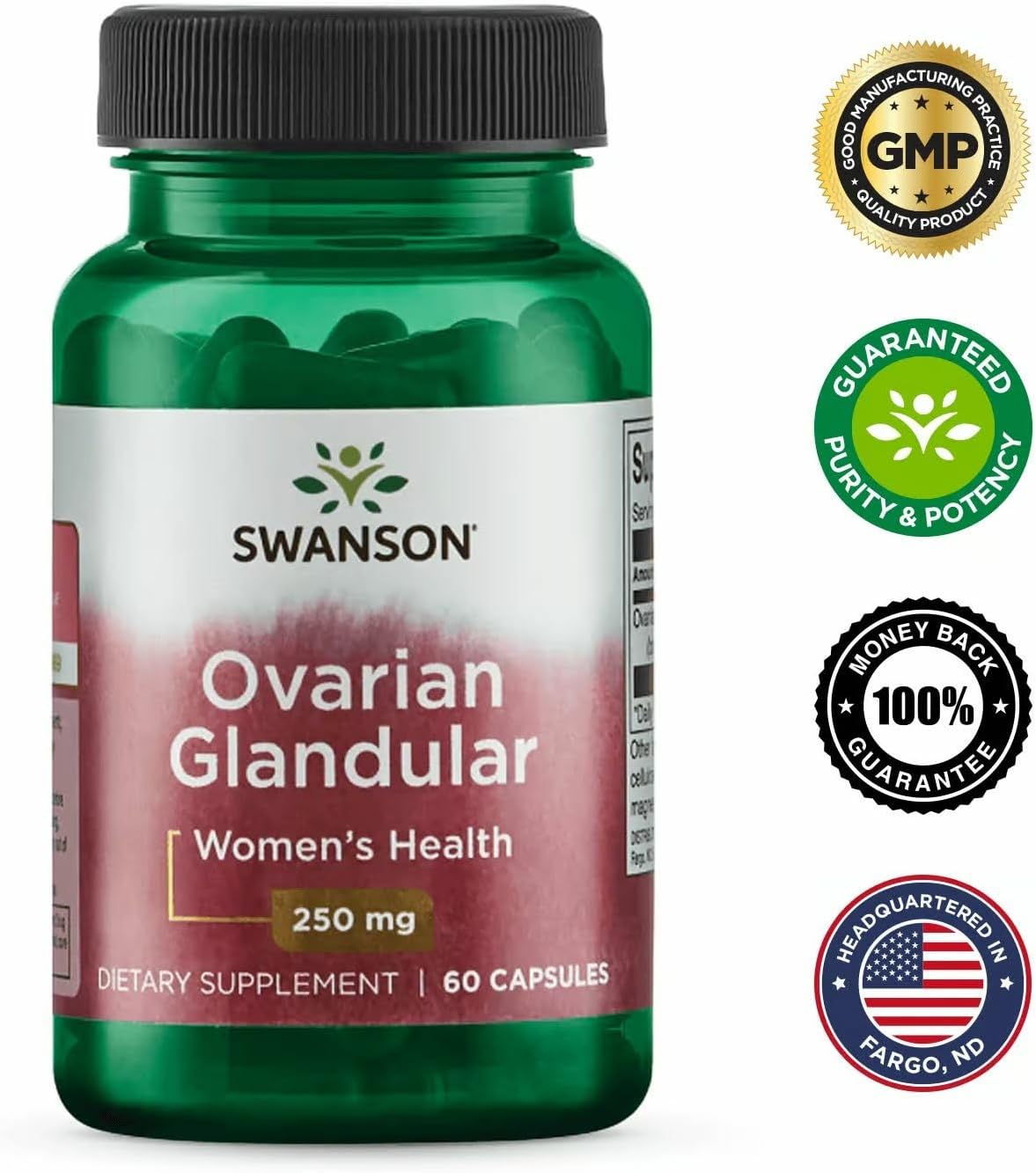 Swanson Ovarian Glandular - Complemento para la Salud Glandular Femenina - 2 Frascos de 60 Cápsulas (250 mg cada una)