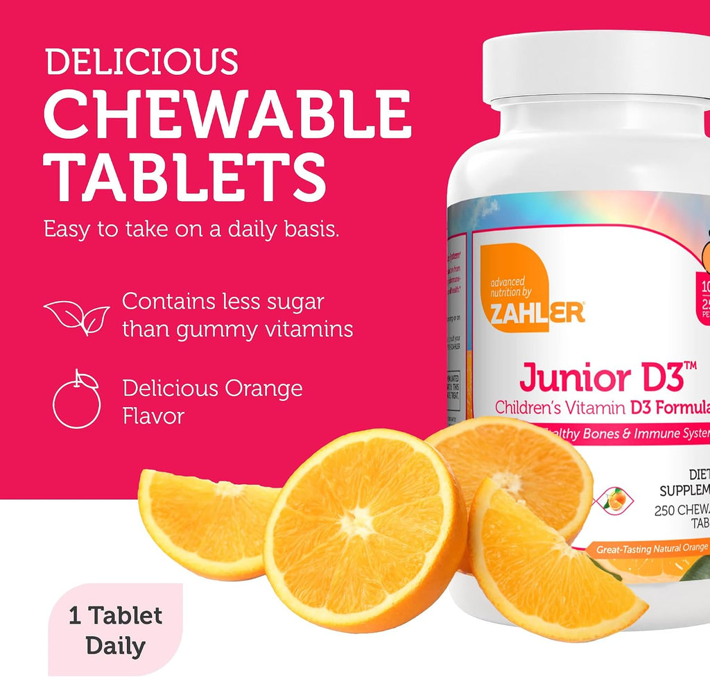 Zahler Junior D3 Vitamins 1000 IU - Vitamina D3 masticable para niños, sabor naranja, 250 comprimidos
