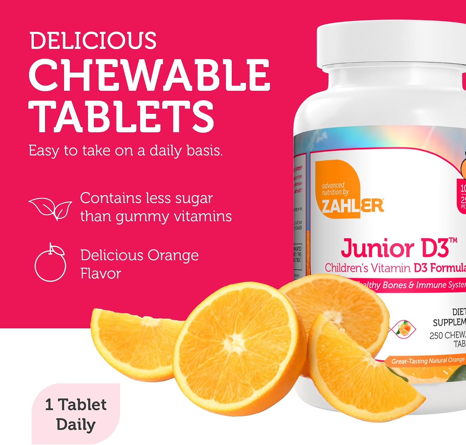 Zahler Junior D3 Vitamins 1000 IU - Vitamina D3 masticable para niños, sabor naranja, 250 comprimidos