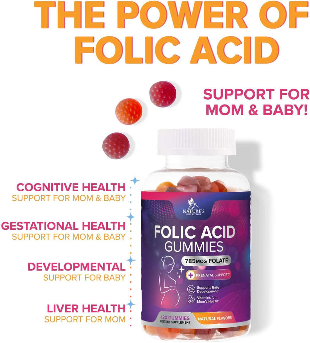 Nature's Nutrition Gominolas de Ácido Fólico - 785 mcg de Folato - Vitaminas Prenatales - 120 Gominolas de Naranja, Cereza y Uva