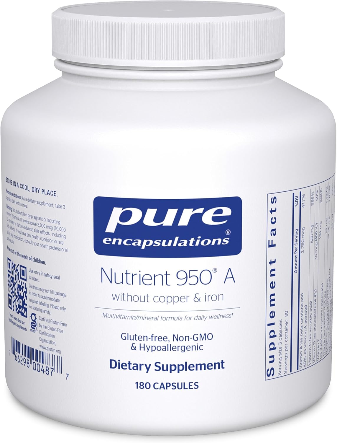Pure Encapsulations Nutrient 950 A Sin Cobre y Hierro - Multivitamínico Hipoalergénico, 180 Cápsulas