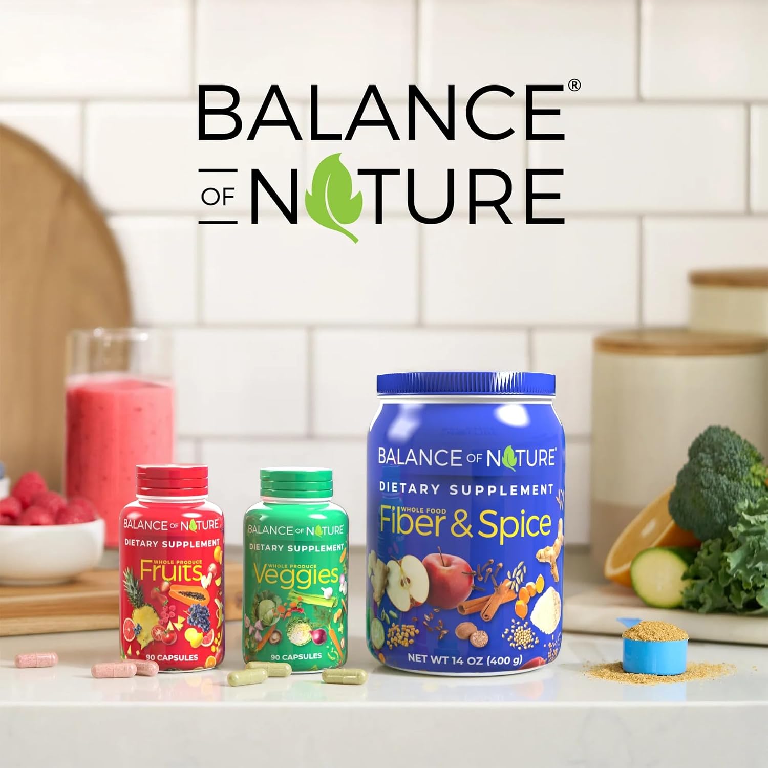 Balance of Nature Whole Health System - Whole Food Fruits & Veggies and Fiber & Spice Supplements - 30 Servings Each