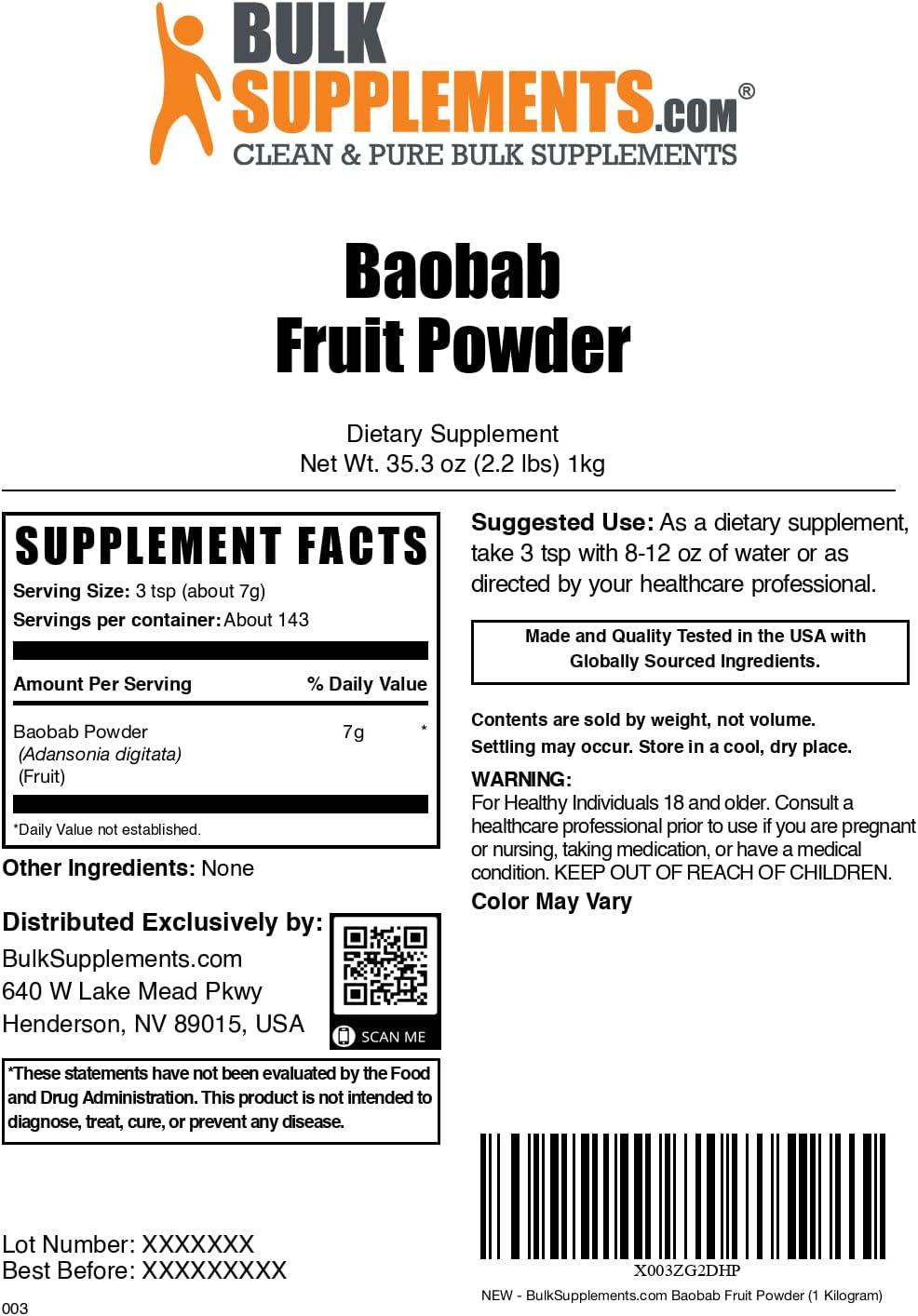Baobab en Polvo - Suplemento de Fruta de Baobab, Antioxidante Natural, Sin Gluten, 1 kg