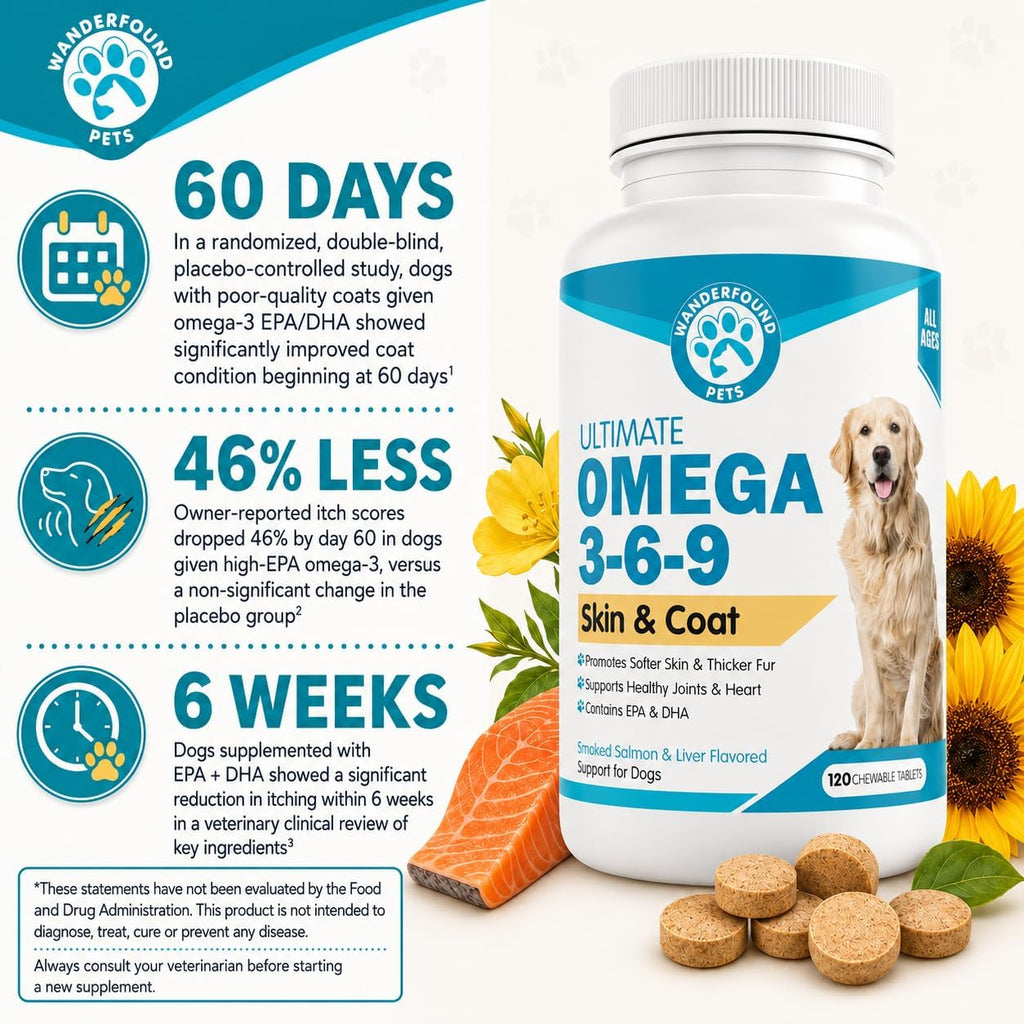 Wanderfound Pets - Omega 3 for Dogs, Smoked Salmon and Liver Flavored, 120 Chewable Tablets