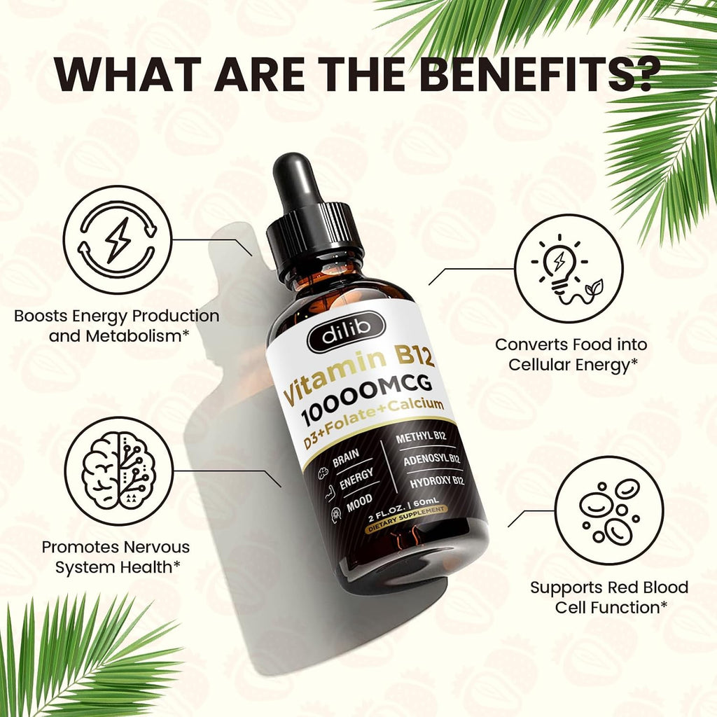Vitamin B12 Liquid Drops Sublingual 10000 mcg, Complexo Triple B-12 con Metilcobalamina, Adenosilcobalamina e Hidroxocobalamina, 2 Envases