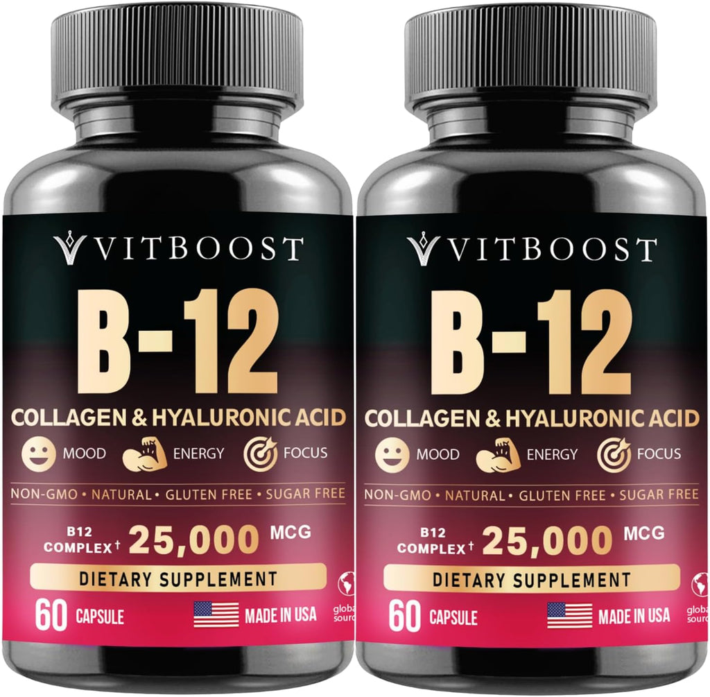 Complejo de Vitamina B12 con Ácido Hialurónico, Colágeno y Folato – 25000 mcg (5000 mcg Metilcobalamina) – 60 Cápsulas