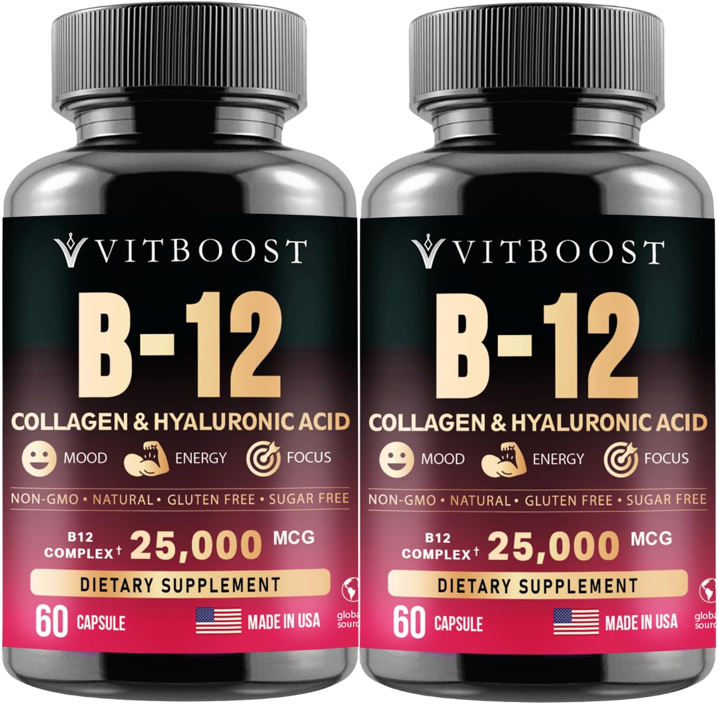 VITBOOST B12 Metilcobalamina 25000 mcg Complejo B con Colágeno y Hialurónico - Pack de 2