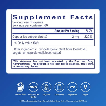 Pure Encapsulations Cobre (Citrato) - 60 – Transporte de hierro: el cobre contribuye al transporte normal de – Image 2
