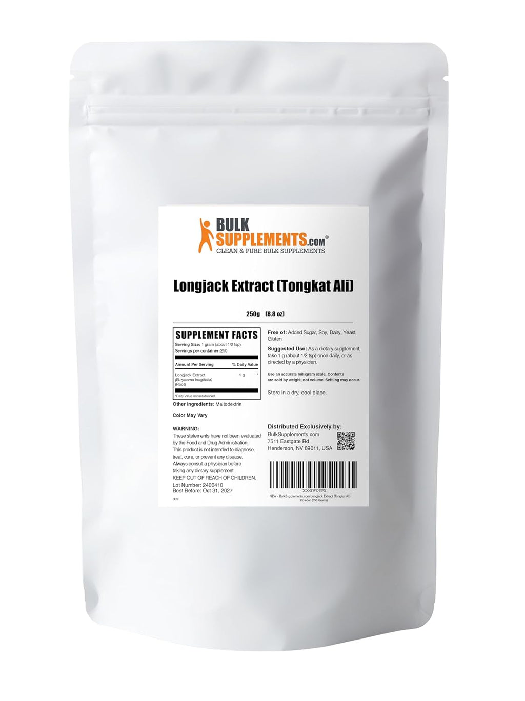 BulkSupplements.com Extracto de Longjack en Polvo - Tongkat Ali - Sin Gluten, 1g por Ración, 250g (8.8 oz)
