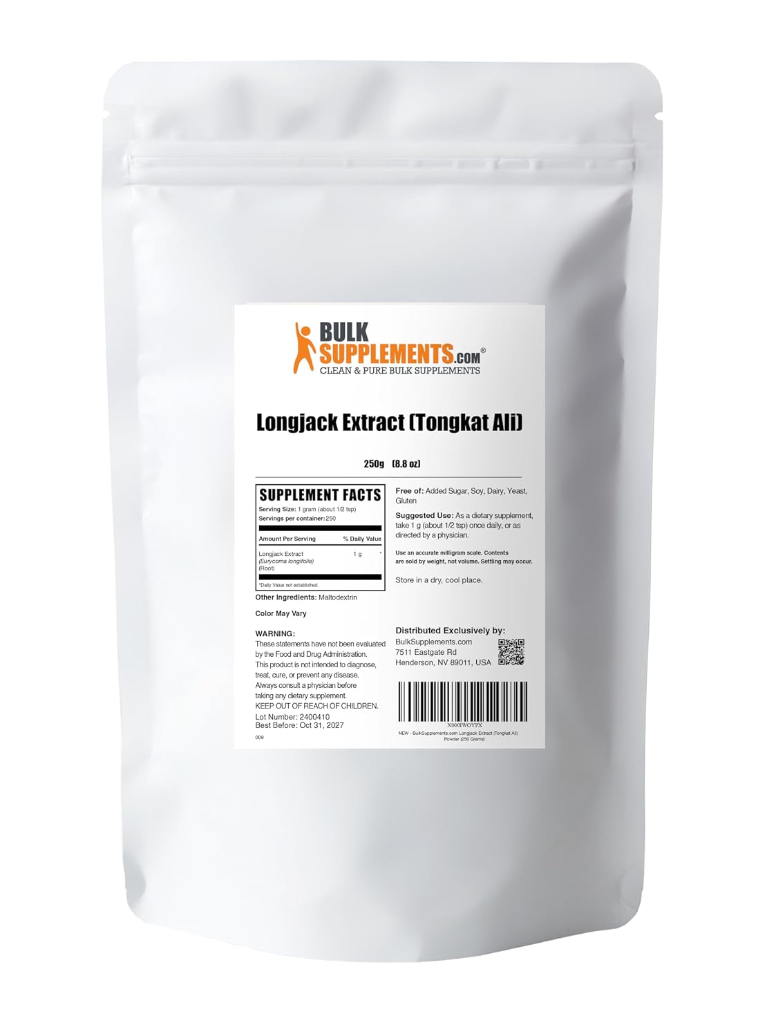 BulkSupplements.com Extracto de Longjack en Polvo - Tongkat Ali - Sin Gluten, 1g por Ración, 250g (8.8 oz)