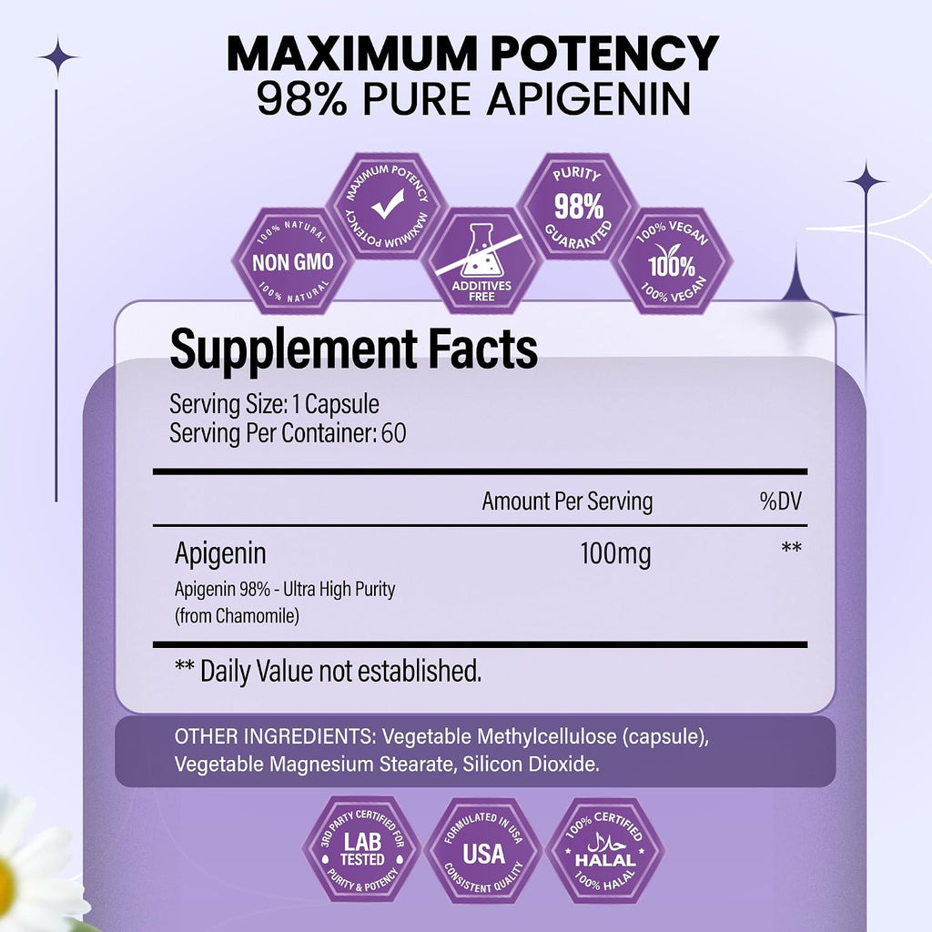 BOSCENT Suplemento de Apigenina 100 mg | 98% Altamente Purificado | Apigenina para Sueño, Ánimo, Cognición y Relajación | No-GMO, Sin Rellenos - 60 Cápsulas