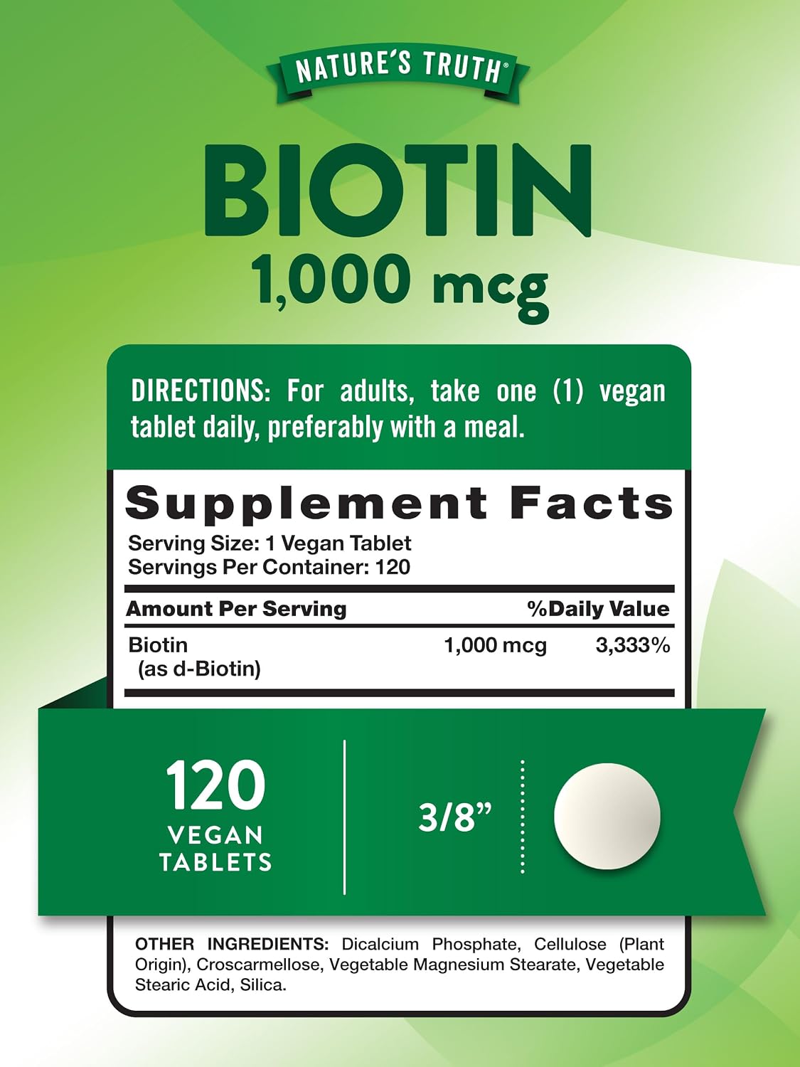 Nature's Truth Biotina 1000 mcg | 120 Comprimidos | Vegano, Sin Gluten, No-GMO