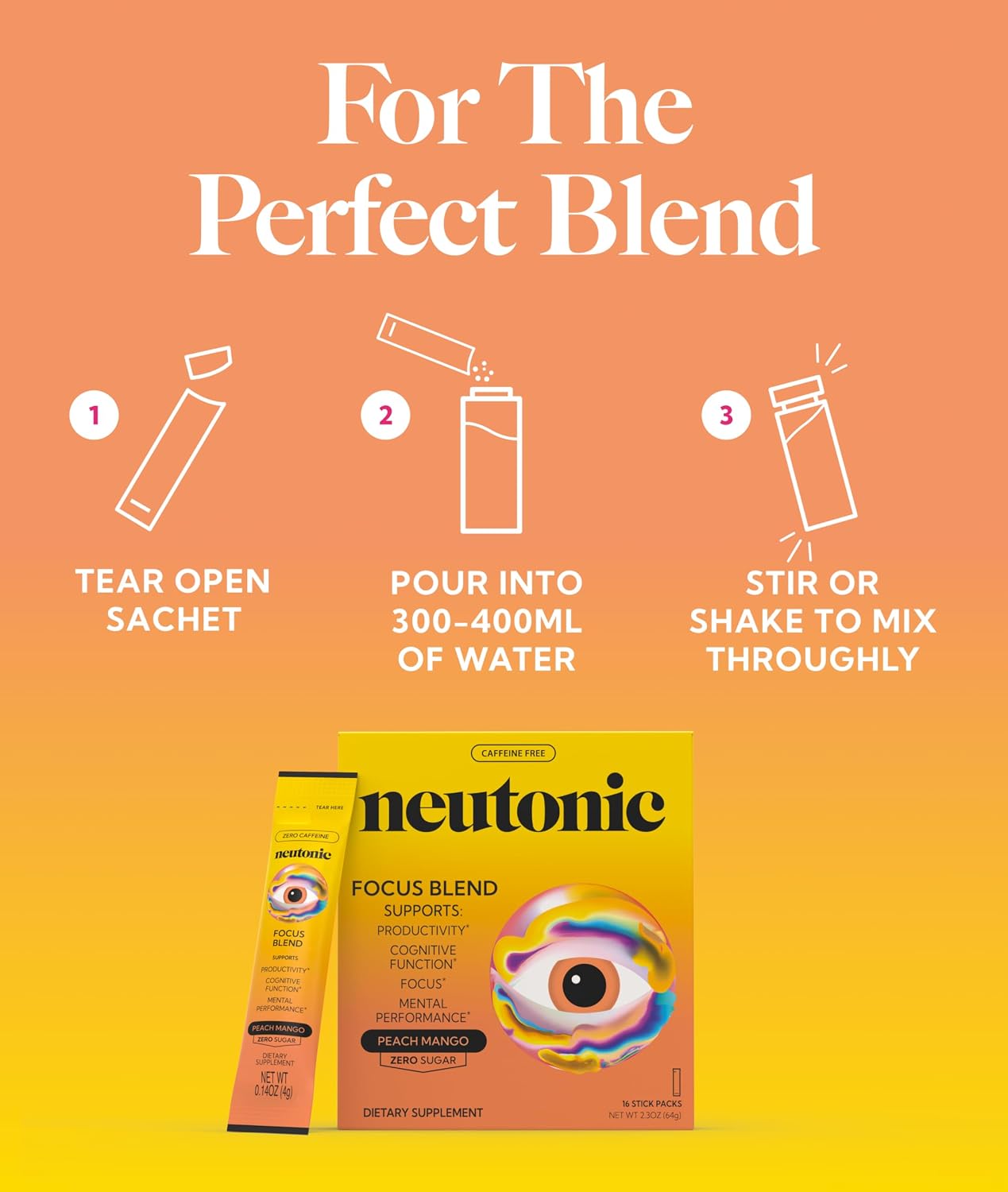 Neutonic Mezcla Nootrópica en Polvo Sabor Peach Mango | 16 Sticks | Sin Cafeína, Sin Azúcar | Apoyo a la Memoria, Concentración y Función Cognitiva