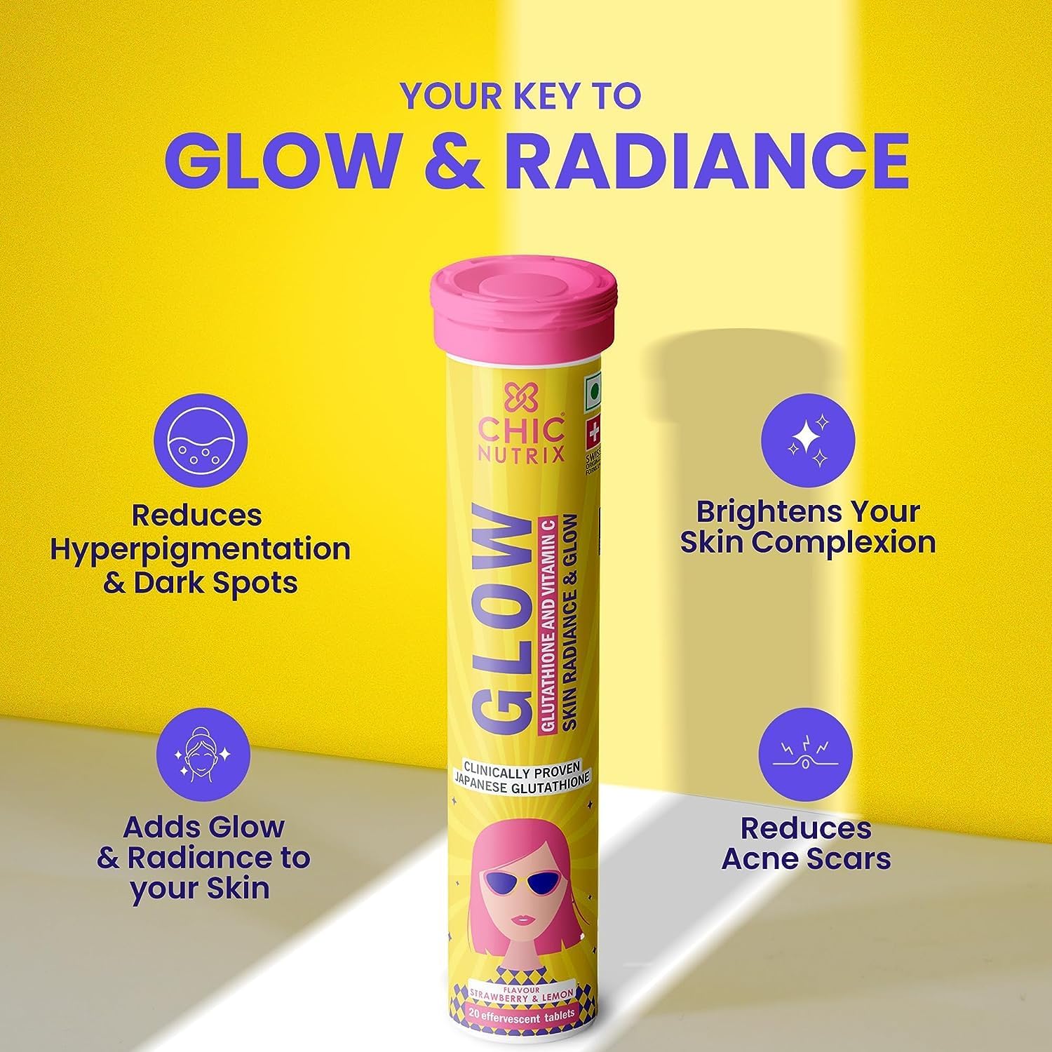 THRU Glow - Glutatión Japonés 500 mg y Vitamina C para el Cuidado de la Piel - 20 Comprimidos Efervescentes Sabor Fresa y Limón