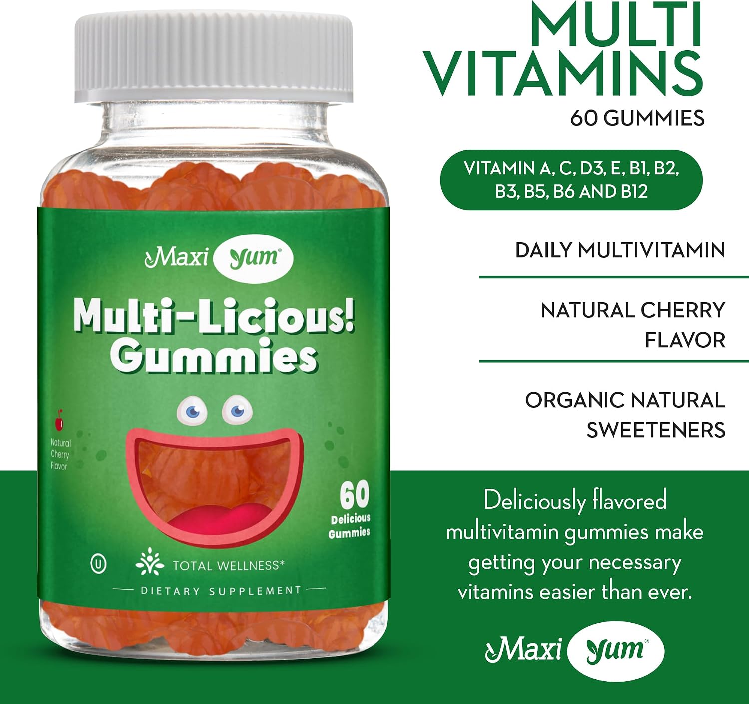Maxi Health Multivitamin Gummies - Gomitas Multivitamínicas Sabor Cereza - 60 Gomitas para Adultos y Niños