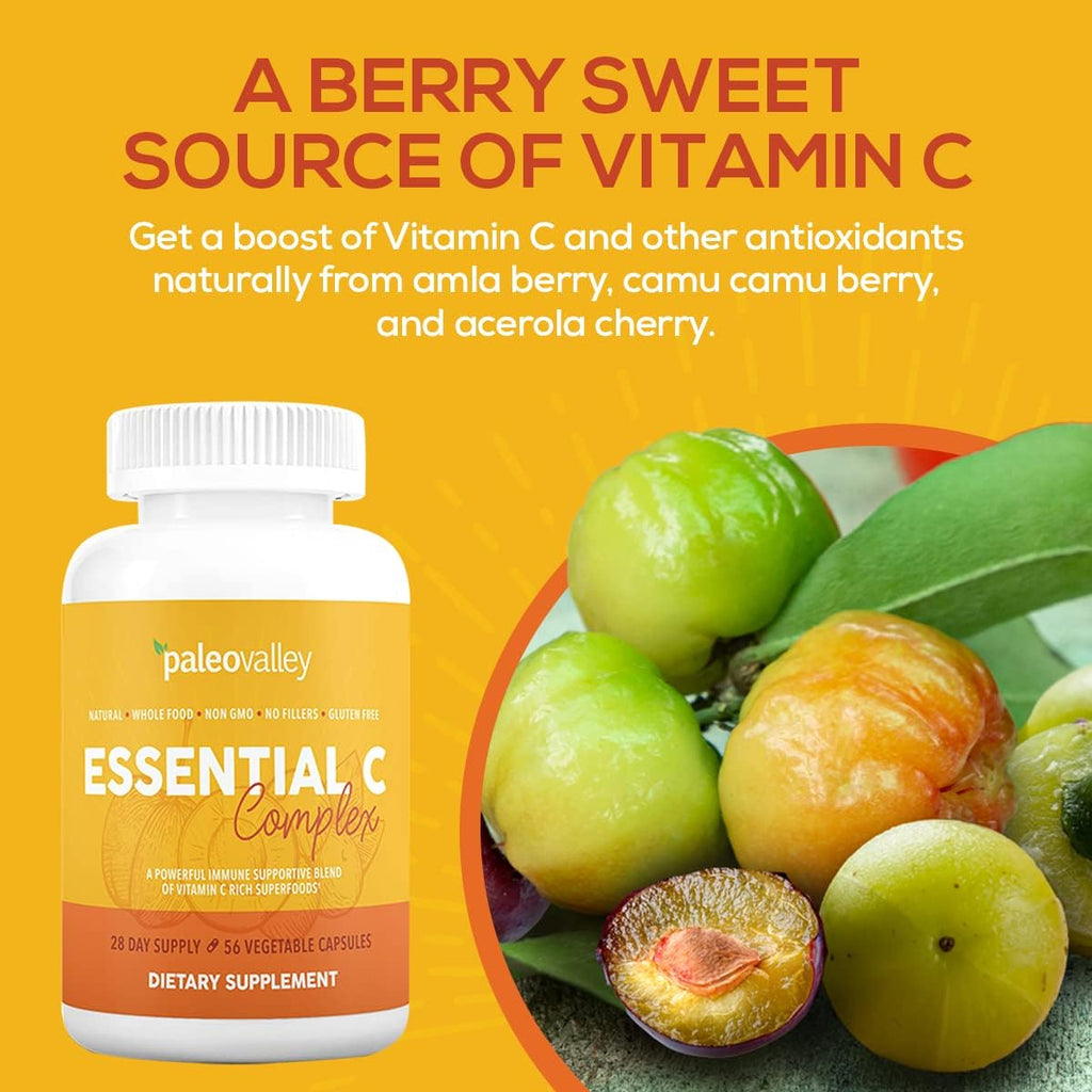 Paleovalley Essential C Complex - Vitamina C 450mg con Acerola, Camu Camu y Amla - Sin Sintéticos