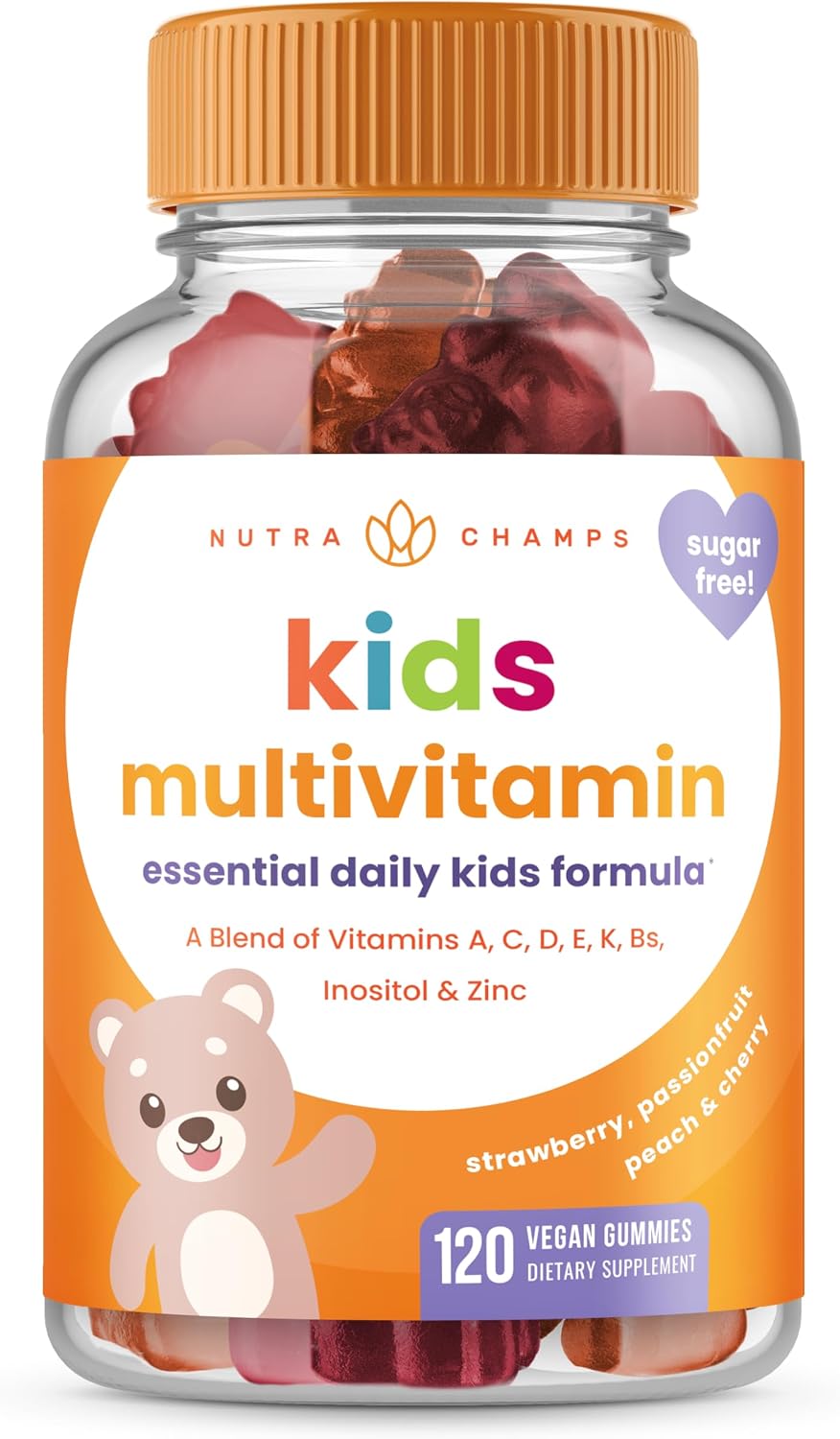 NutraChamps Gominolas Multivitamínicas para Niños | Sin Azúcar | 120 Gominolas | Vegano y Sin OGM | Sabores Fresa, Maracuyá, Melocotón y Cereza