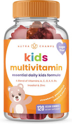 NutraChamps Gominolas Multivitamínicas para Niños | Sin Azúcar | 120 Gominolas | Vegano y Sin OGM | Sabores Fresa, Maracuyá, Melocotón y Cereza