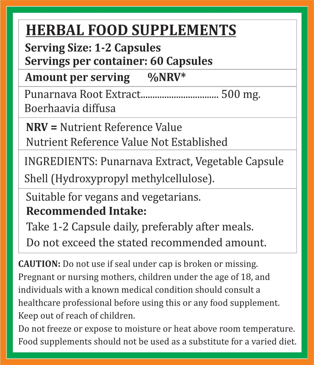 Punarnava Forte Cápsula 500 mg - 60 Cápsulas Vegetarianas | Extracto de Punarnava (Boerhaavia Diffusa) 10:1