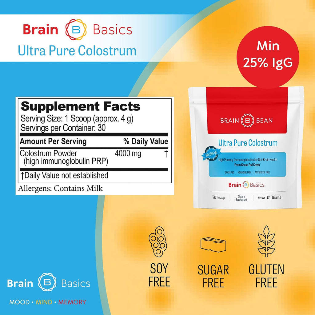 Brain Basics Ultra-Pure Colostrum en Polvo, 4000mg por Ración, Mín. 25% Anticuerpos IgG, 120 Gramos - 30 Raciones