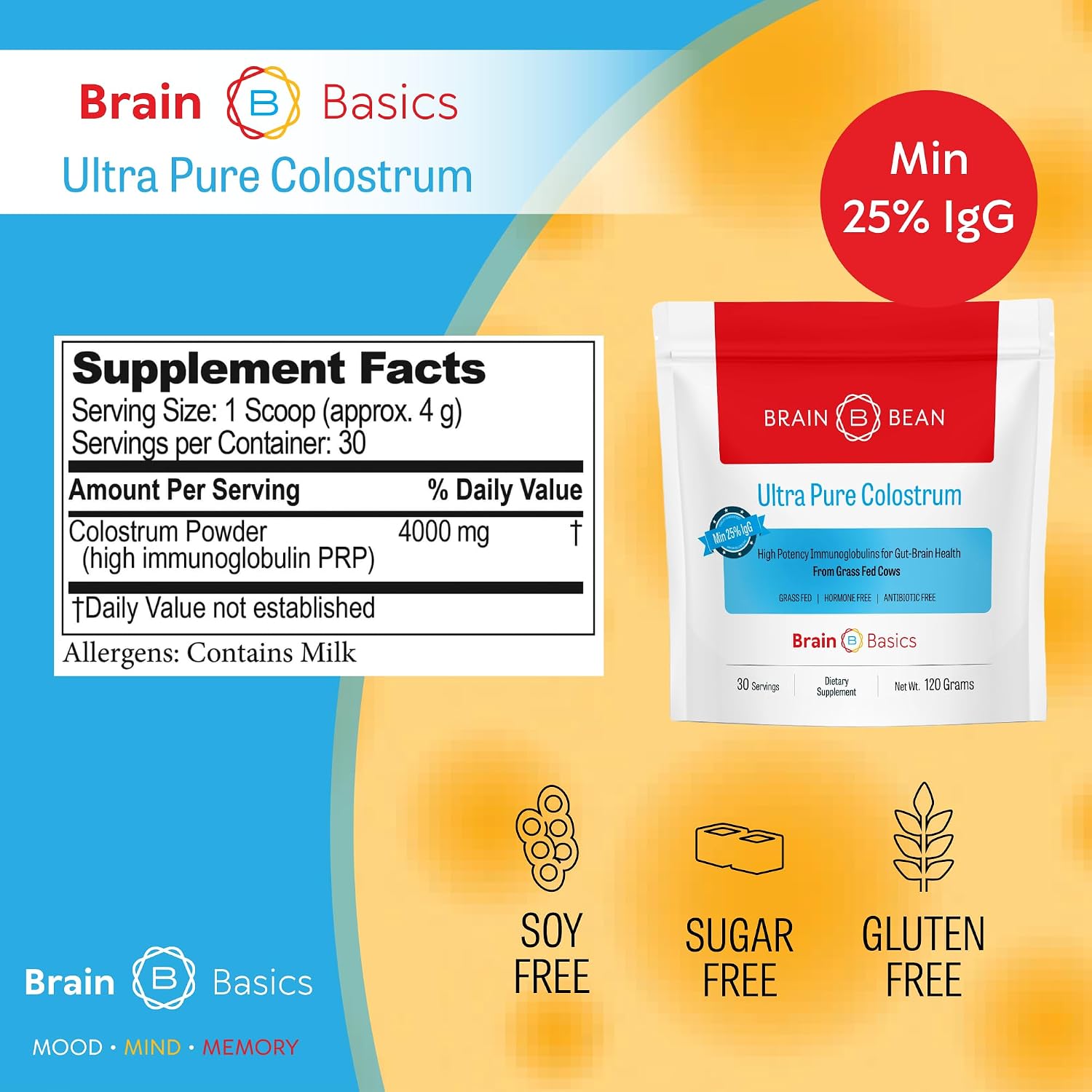 Brain Basics Ultra-Pure Colostrum en Polvo, 4000mg por Ración, Mín. 25% Anticuerpos IgG, 120 Gramos - 30 Raciones