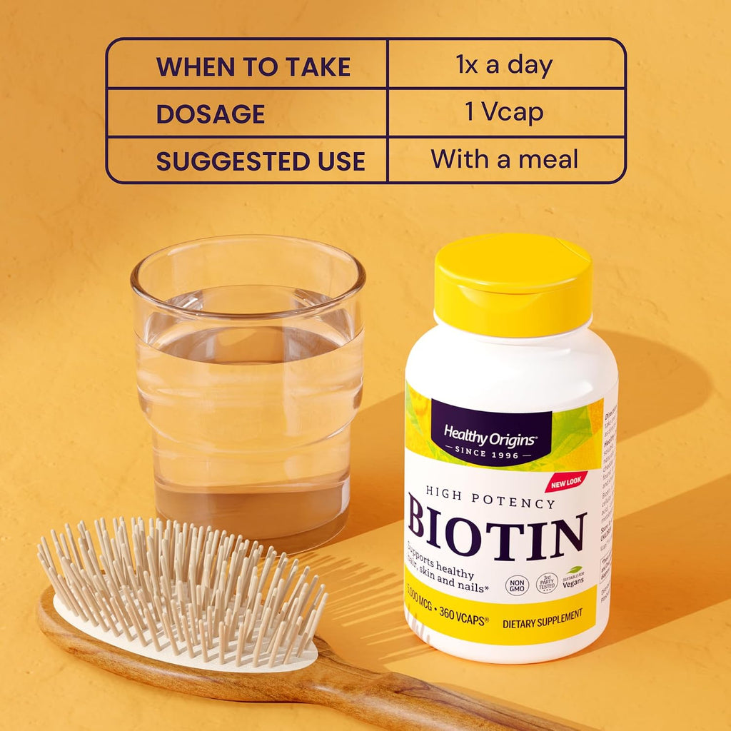 Healthy Origins Biotina 5.000 mcg (5 mg), 360 Cápsulas Vegetales - Complemento de Vitamina B7 de Alta Potencia - Grado USP - No Transgénico, Vegano y Sin Gluten