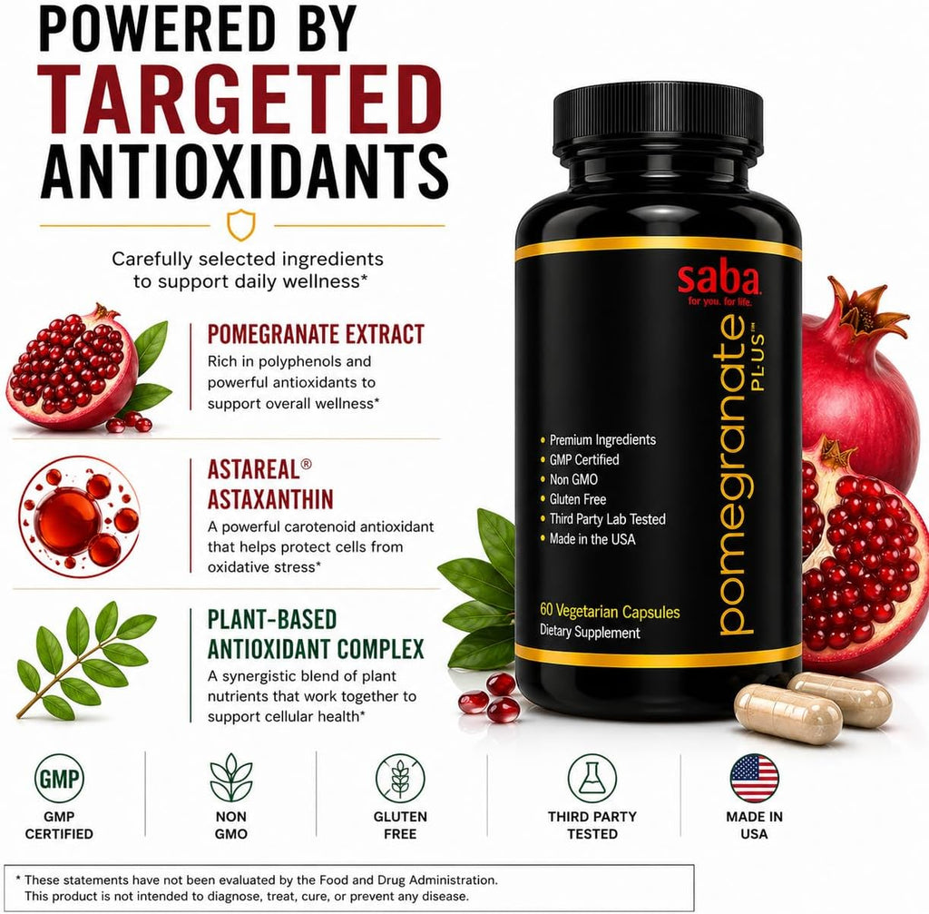 Saba Pomegranate Plus | Suplemento antioxidante con Astaxantina y Granada | 60 Cápsulas
