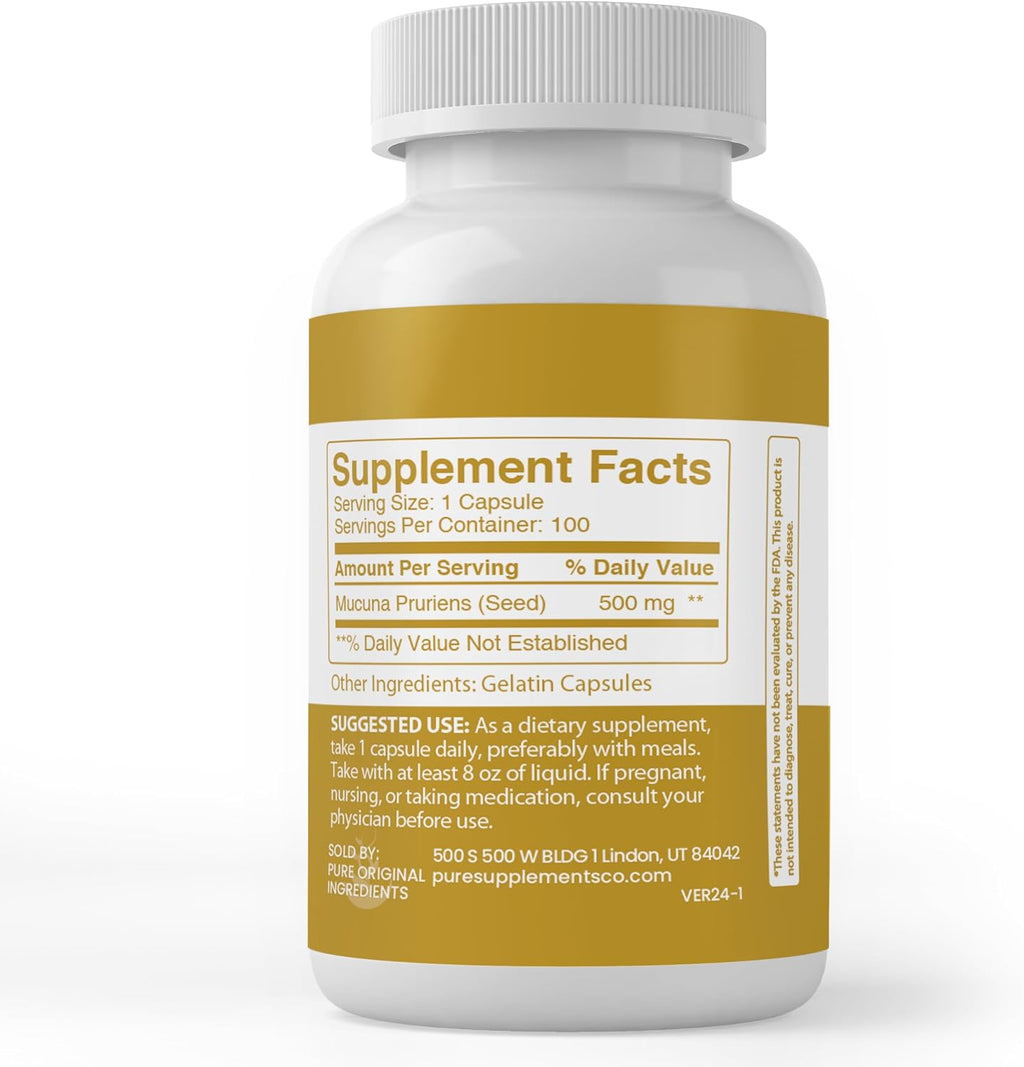 PURE ORIGINAL INGREDIENTS Mucuna Pruriens, 100 Cápsulas, Siempre Puro, Sin Aditivos ni Rellenos, Verificado en Laboratorio