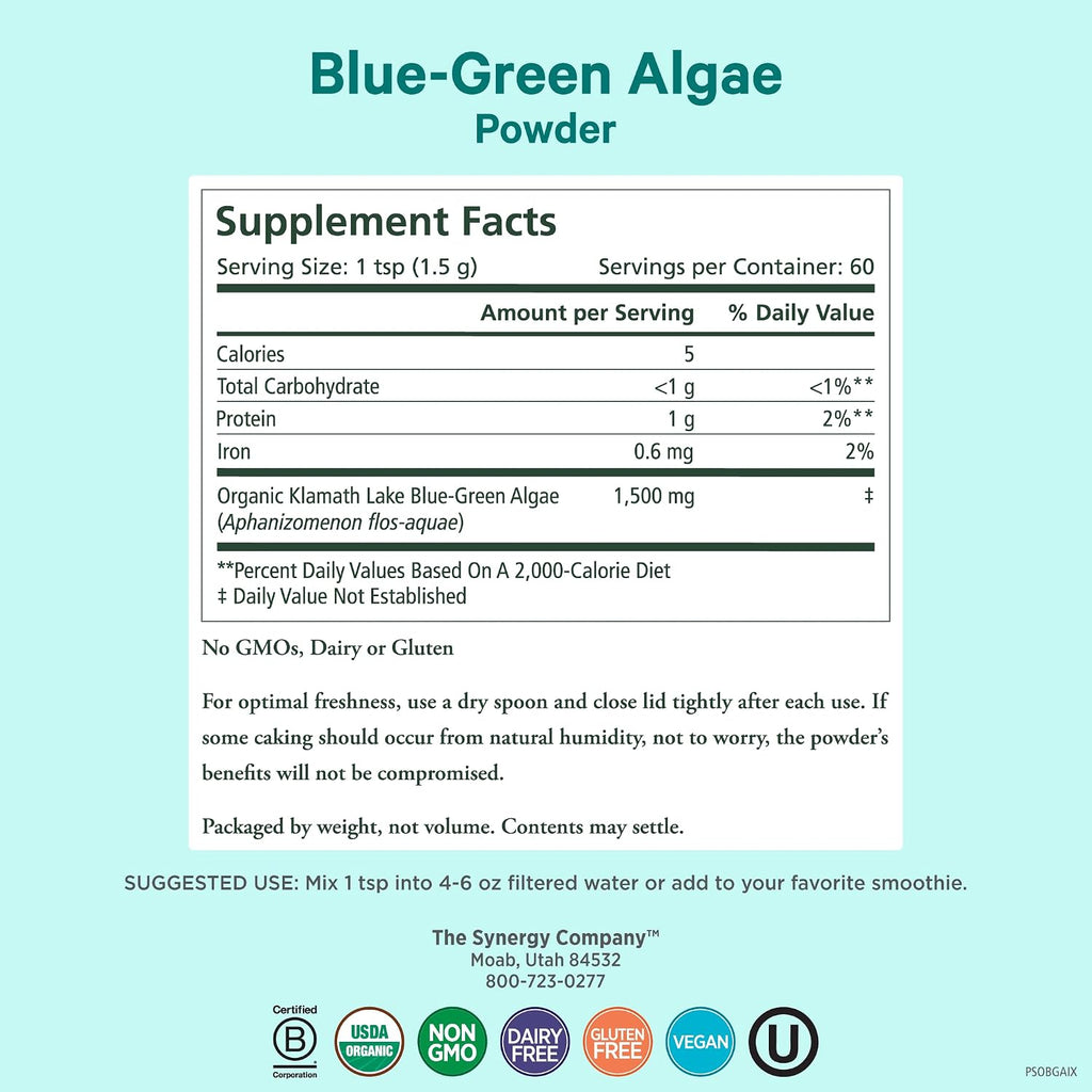 PURE SYNERGY Polvo de Alga Verde Azul | Superalimento con Clorofila | Suplemento Orgánico de AFA | Energía, Claridad Mental y Desintoxicación (90 g)