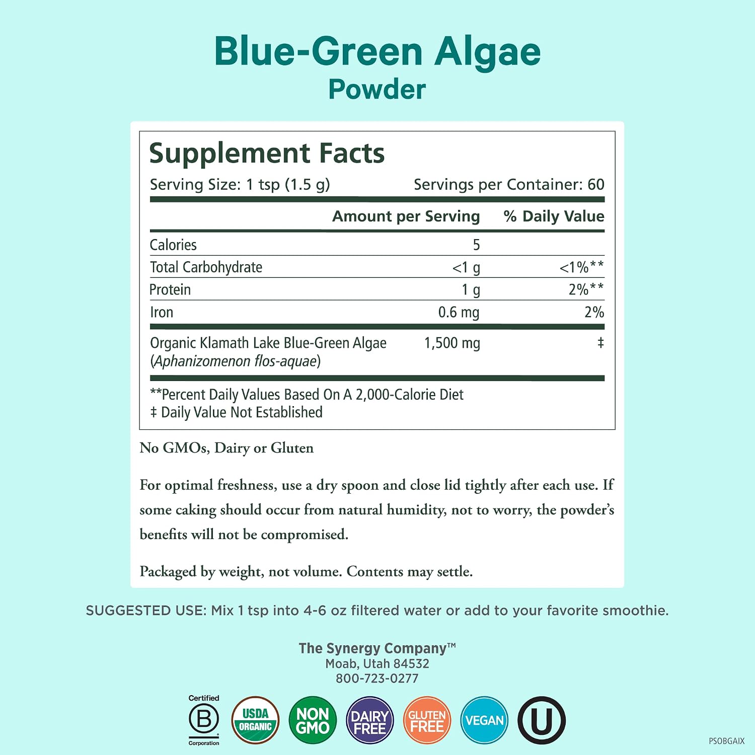 PURE SYNERGY Polvo de Alga Verde Azul | Superalimento con Clorofila | Suplemento Orgánico de AFA | Energía, Claridad Mental y Desintoxicación (90 g)