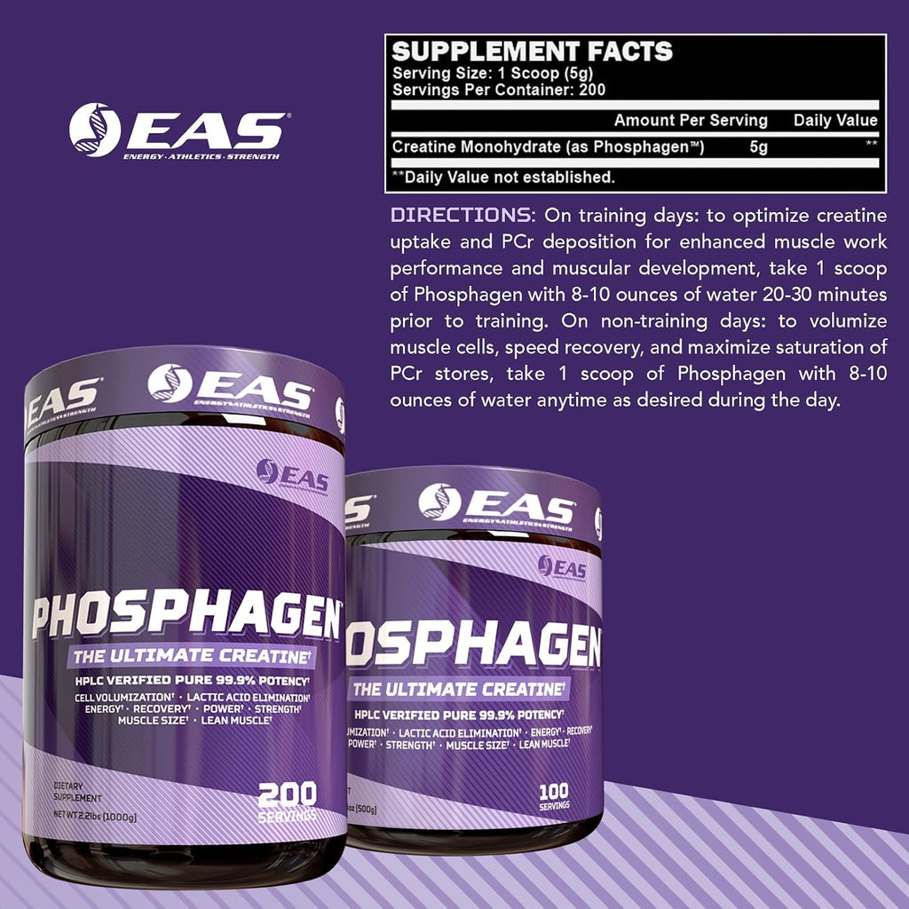 EAS Phosphagen Ultimate Creatina Monohidrato en Polvo - Pureza 99.9% - 200 Porciones (Sin Sabor)