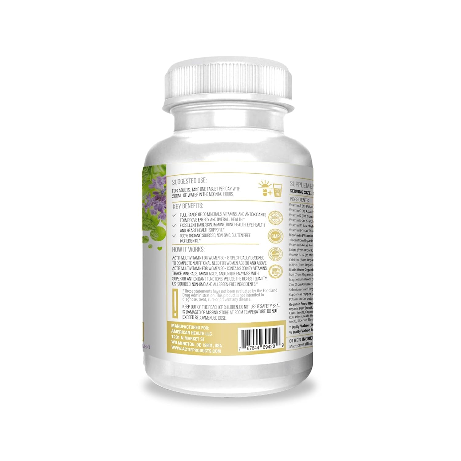 Actif Multivitamínico Orgánico para Mujeres Mayores de 30 años con 30 Vitaminas Orgánicas y Hierbas Orgánicas, No Modificado Genéticamente, Hecho en EE. UU., Suministro para 2 Meses