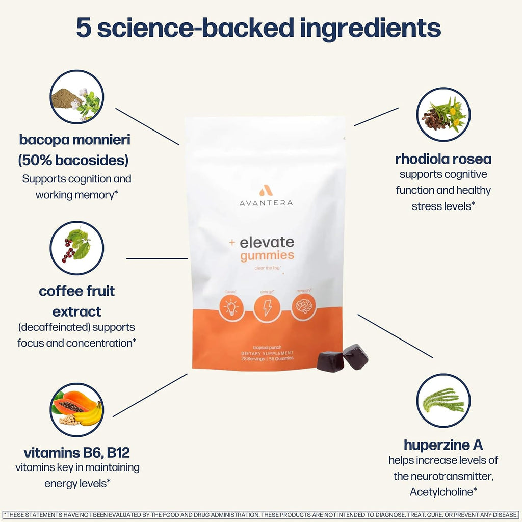 Avantera Elevate Gummies – Suplemento Nootrópico Premium para Concentración y Memoria – 56 Gominolas