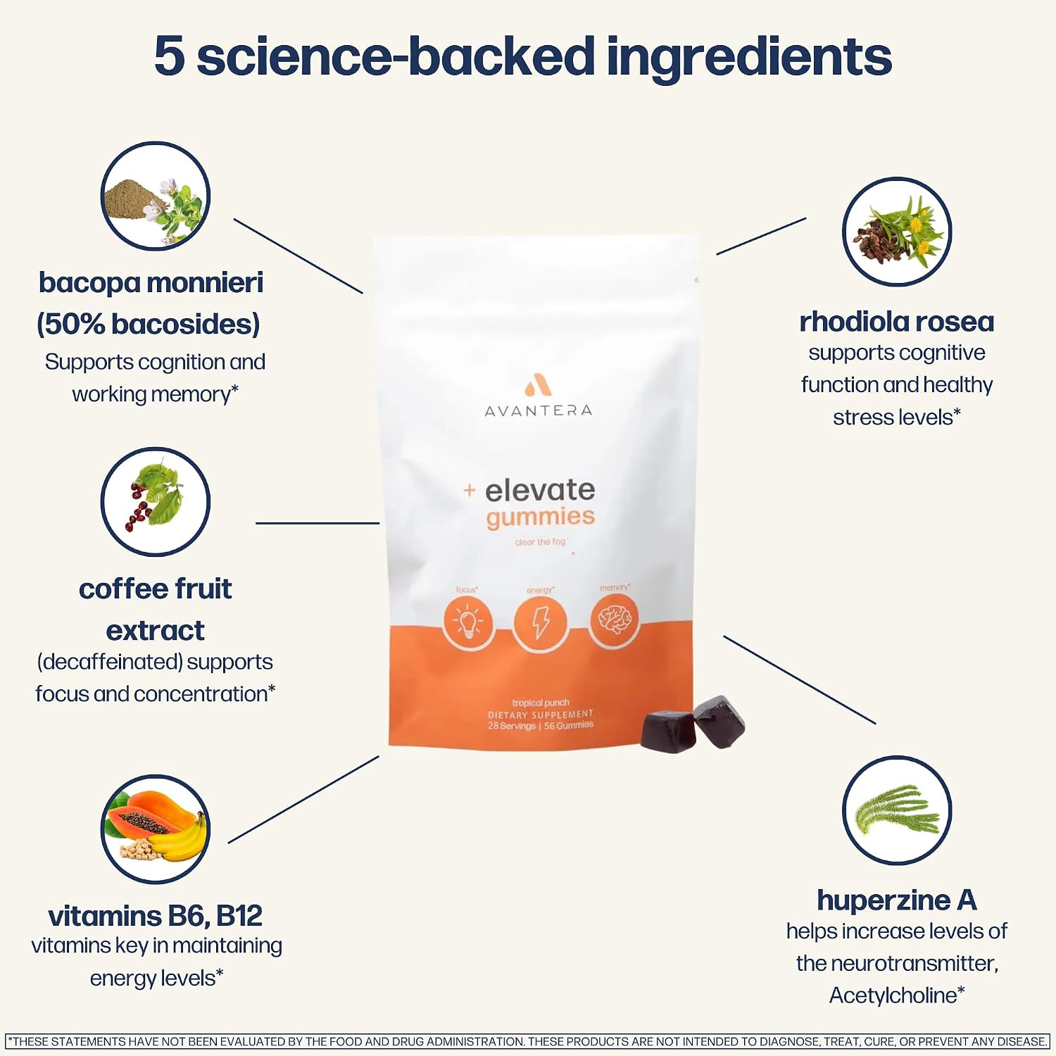 Avantera Elevate Gummies – Suplemento Nootrópico Premium para Concentración y Memoria – 56 Gominolas