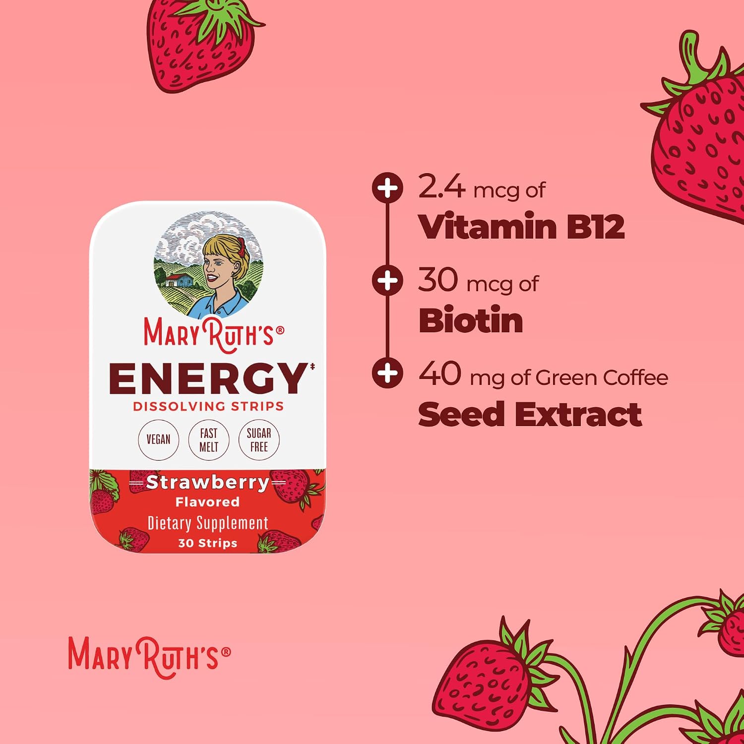 MaryRuth's Energy Dissolving Strips | B Vitamin Complex | Energy Metabolism | Vitamin B12 | Green Coffee Seed Extract | L Theanine | Strawberry Flavor | Vegan | Sugar Free | Gluten Free | 30 Count
