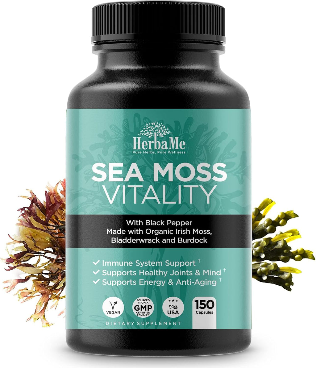HerbaMe Musgo de Mar Orgánico con Bladderwrack, Bardana y Pimienta Negra - 150 Cápsulas Vegetales