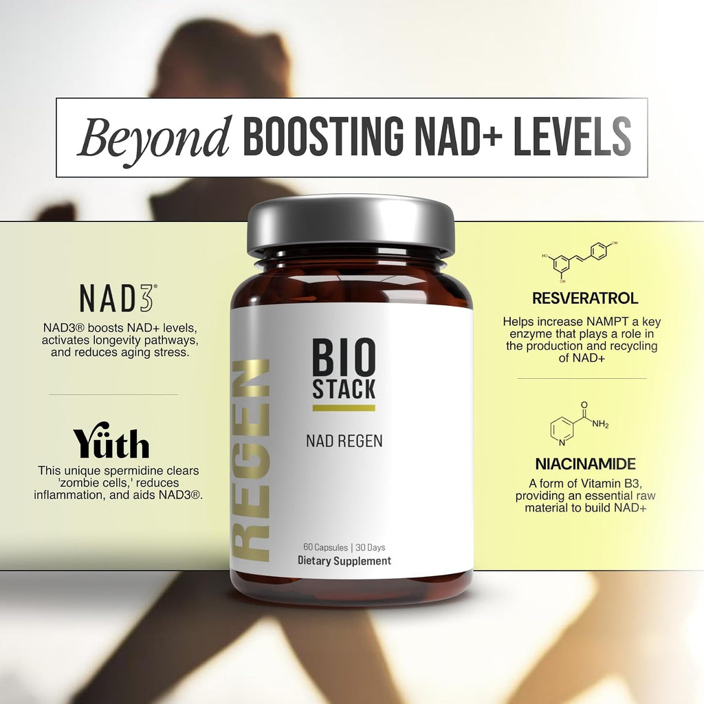BIOSTACK NAD Regen | Suplemento NAD3 con Yüth Spermidine, Resveratrol y Niacinamida | Alternativa a NMN para Energía, Antienvejecimiento y Longevidad | 30 Días