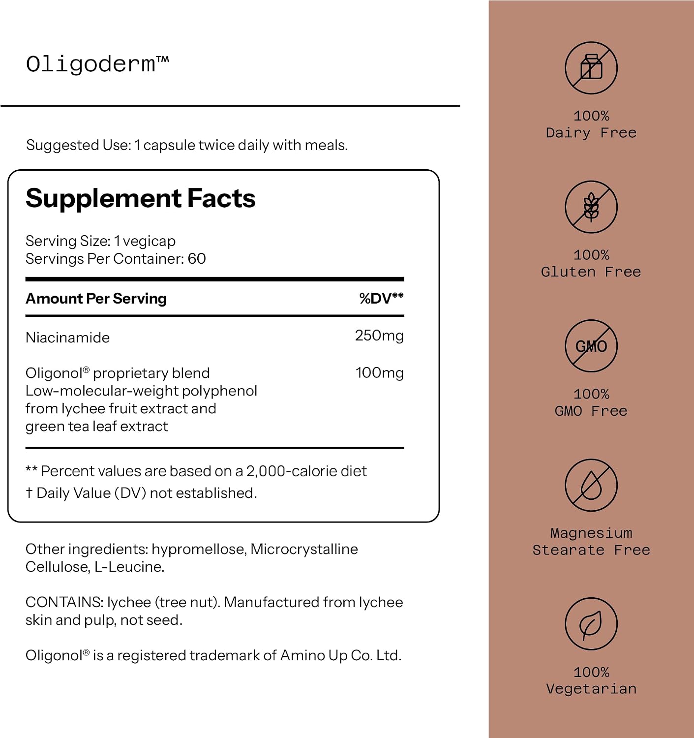 Quality of Life Oligoderm, Suplemento premium para el cuidado de la piel con Oligonol y Niacinamida - 60 cápsulas