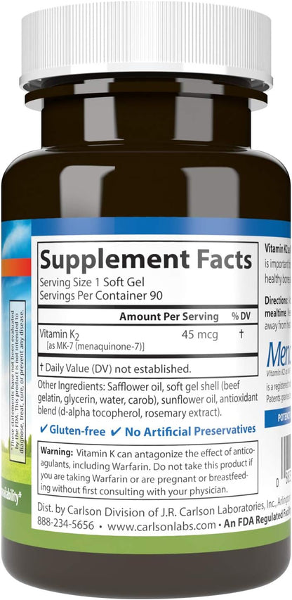 Carlson Labs Vitamina K2-7 45 mcg, 90 Cápsulas Blandas – Image 2
