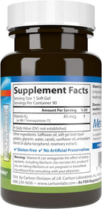 Carlson - Vitamina K2 MK-7 (Menaquinona), 45 mcg, Soporte Óseo, Biodisponibilidad del Calcio, Vitamina K2, 90 Cápsulas Blandas