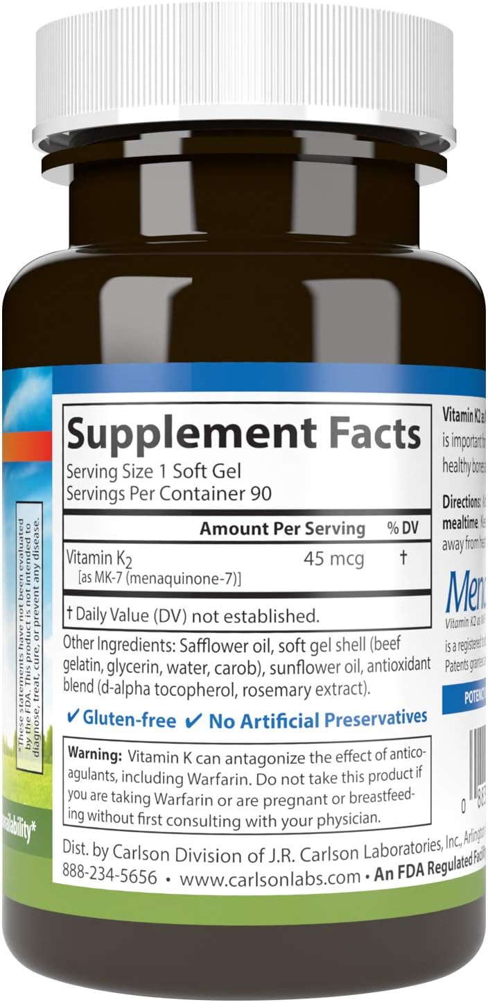 Carlson - Vitamina K2 MK-7 (Menaquinona), 45 mcg, Soporte Óseo, Biodisponibilidad del Calcio, Vitamina K2, 90 Cápsulas Blandas
